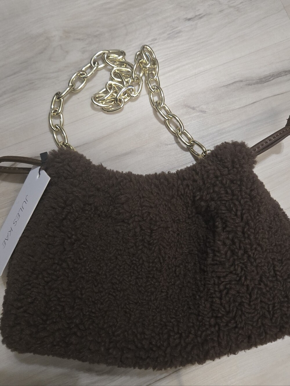 Chocolate Sherpa Shoulder Bag with Gold Chain And Leather Draw String